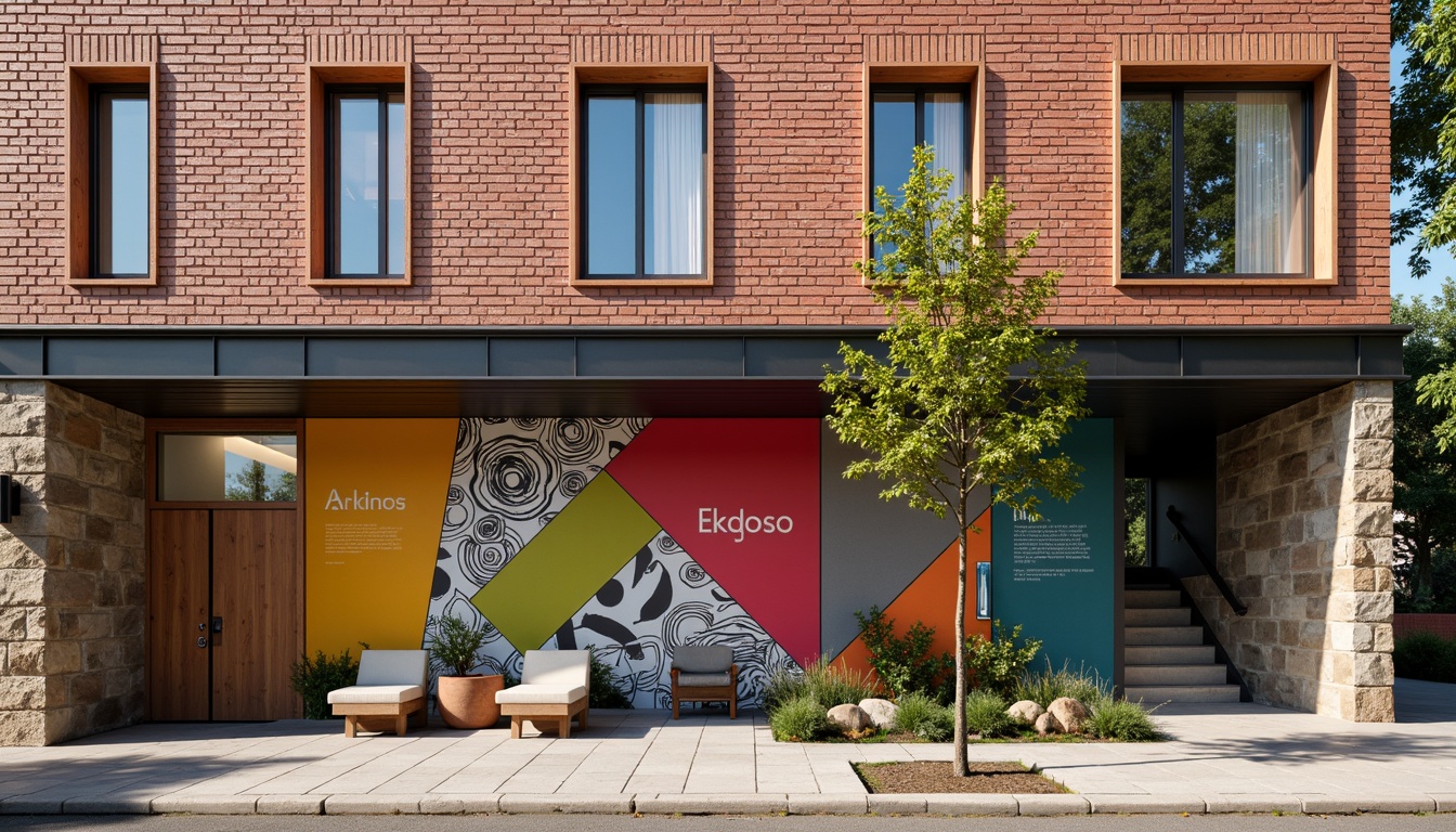 Prompt: Rustic brick facade, geometric shapes, bold color blocks, industrial metal accents, asymmetrical composition, fragmented forms, dynamic rhythm, playful typography, educational signage, vibrant murals, abstract patterns, natural stone walls, wooden window frames, modernist columns, minimalist entrance, soft warm lighting, shallow depth of field, 3/4 composition, panoramic view, realistic textures, ambient occlusion.