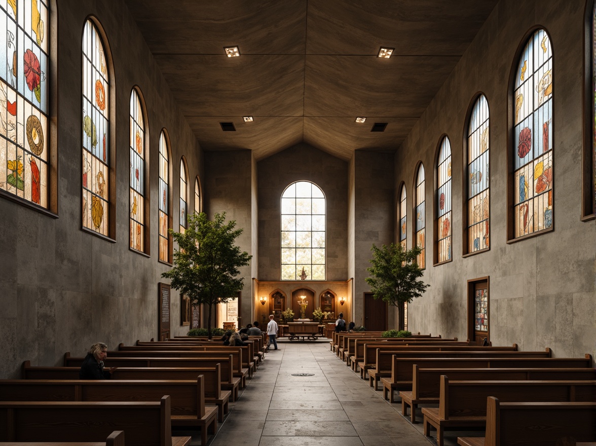 Prompt: Rustic church interior, brutalist architecture, raw concrete walls, industrial-style lighting, minimalist decor, bold color palette, earthy tones, natural stone flooring, wooden pews, stained glass windows, dramatic ceiling height, abstract geometric patterns, muted pastel hues, cold atmospheric lighting, high contrast shadows, 1/1 composition, low-angle shot, cinematic mood, realistic textures, ambient occlusion.