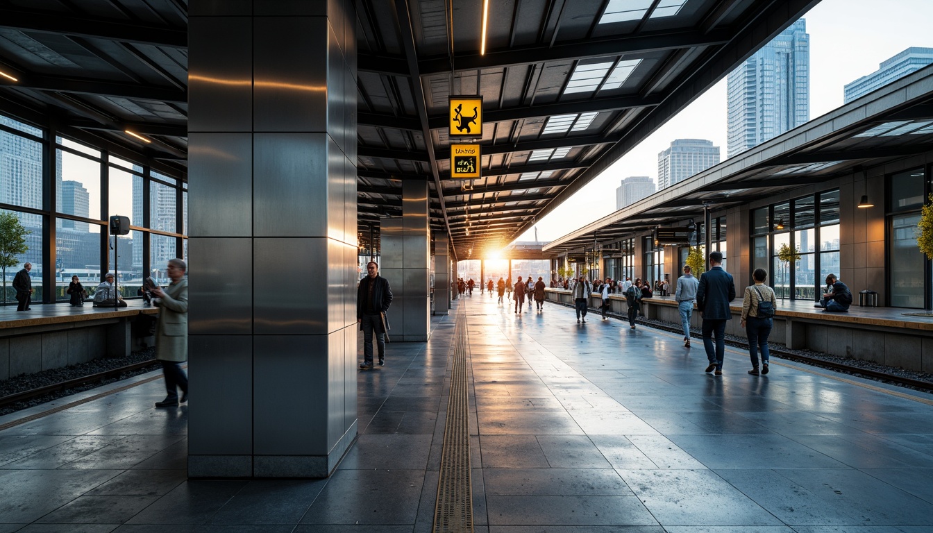 Prompt: Modern train station, sleek metallic surfaces, high-gloss floors, LED lighting, minimalist signage, glass roofs, steel beams, polished concrete walls, industrial-chic aesthetic, urban landscape views, bustling city atmosphere, morning rush hour scene, soft warm lighting, shallow depth of field, 3/4 composition, panoramic view, realistic textures, ambient occlusion.