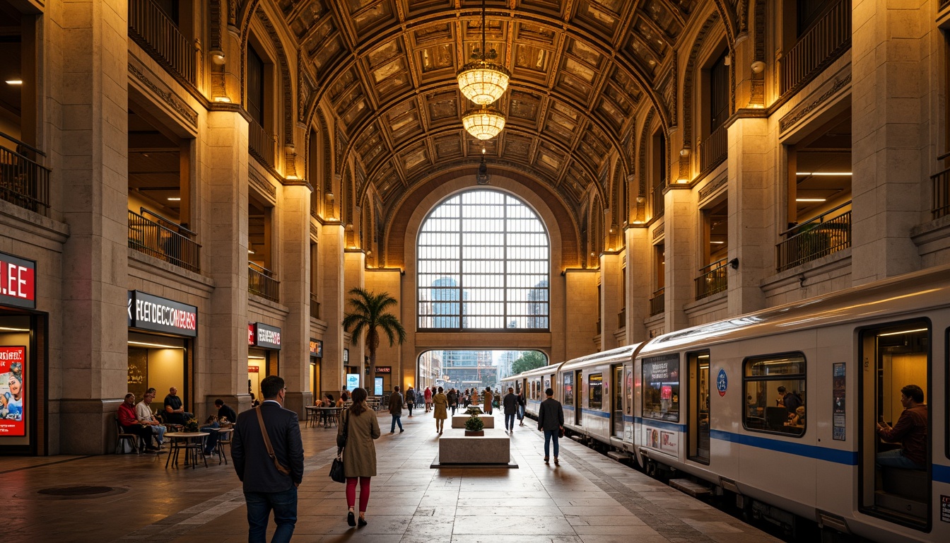 Prompt: Grand metro station, Romanesque archways, ornate stonework, vaulted ceilings, intricate carvings, majestic columns, warm golden lighting, bustling pedestrian traffic, urban cityscape, modern transportation hub, sleek trains, stainless steel rails, vibrant advertisements, comfortable seating areas, polished marble floors, elegant chandeliers, beautiful mosaics, shallow depth of field, 1/1 composition, realistic textures, ambient occlusion.