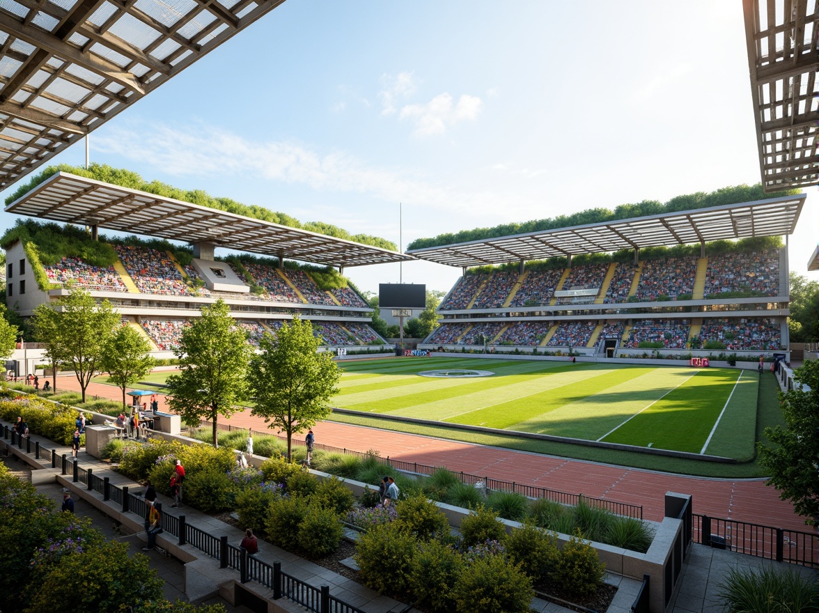 Prompt: Eco-friendly football stadium, lush green roofs, rainwater harvesting systems, solar panels, wind turbines, natural ventilation, recycled materials, minimal waste architecture, energy-efficient LED lighting, translucent roofing, cantilevered upper tiers, modern angular lines, sleek metallic structures, dynamic crowd seating, vibrant team color schemes, grassy pitch, athletic track, sports equipment storage, stadium concourse, sunny day, soft warm lighting, shallow depth of field, 3/4 composition, panoramic view.