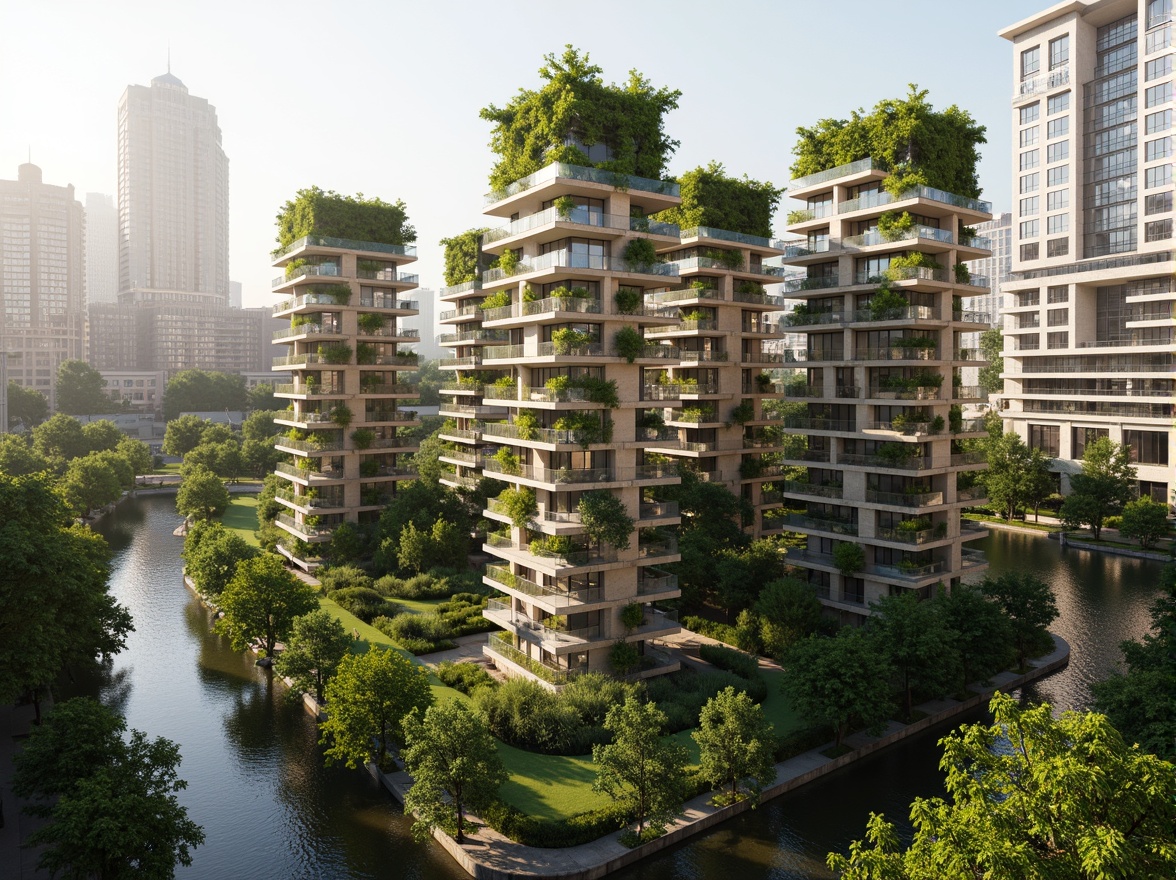 Prompt: Eco-friendly skyscrapers, green roofs, solar panels, wind turbines, rainwater harvesting systems, recycled materials, minimalist design, sleek metal fa\u00e7ades, large windows, natural ventilation systems, energy-efficient solutions, urban farming, vertical gardens, living walls, biophilic architecture, organic shapes, earthy color palette, soft warm lighting, shallow depth of field, 3/4 composition, panoramic view, realistic textures, ambient occlusion.