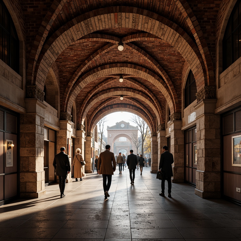 Prompt: Rustic metro station, arched vaults, brick masonry, stone carvings, ornate details, grand entrance, high ceilings, dramatic lighting, warm earthy tones, rough-hewn stones, robust columns, intricate moldings, Romanesque Revival architecture, historic preservation, urban infrastructure, busy city life, morning rush hour, soft natural light, shallow depth of field, 2/3 composition, symmetrical framing, realistic textures, ambient occlusion.