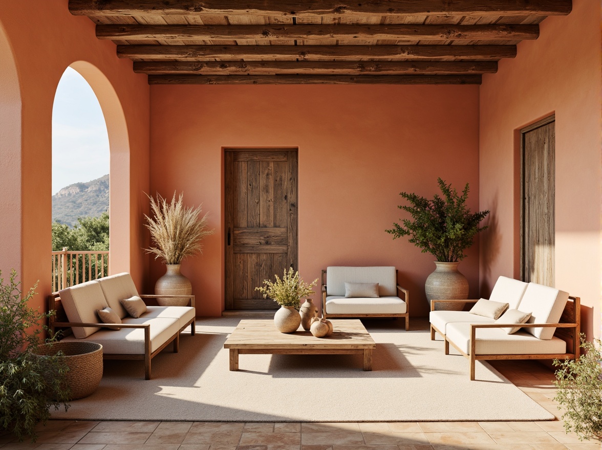 Prompt: Warm apricot hues, soft peach tones, creamy beige accents, rich terracotta reds, muted golden yellows, velvety brown textures, natural linen fabrics, woven rattan furniture, distressed wood grains, earthy ceramic vases, sun-kissed Mediterranean landscapes, rustic stone walls, weathered wooden doors, shallow depth of field, 1/1 composition, warm soft lighting, realistic ambient occlusion.