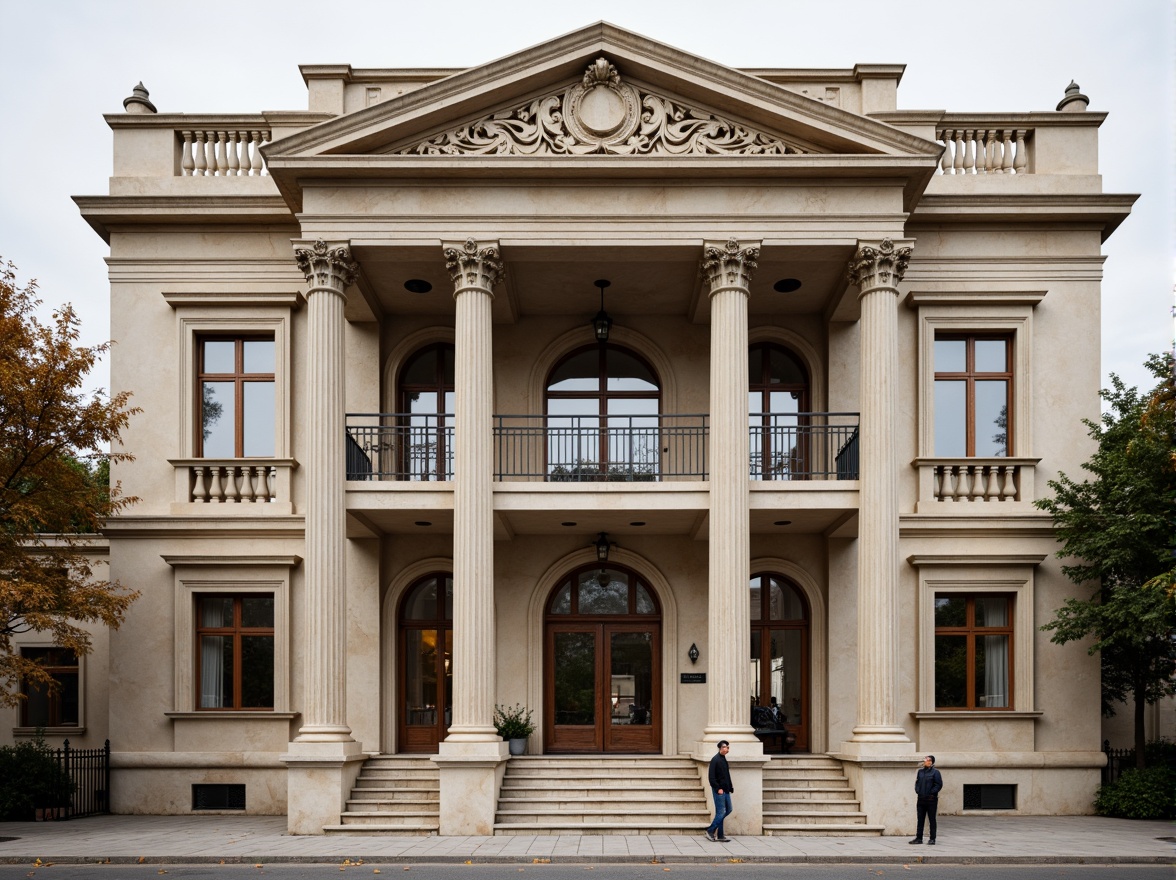 Prompt: Grandiose neoclassical facade, ornate columns, carved stone details, symmetrical composition, majestic entrance, ornamental pediment, elegant balustrades, intricate moldings, refined stucco finish, subtle earthy tone, soft natural lighting, shallow depth of field, 1/2 composition, realistic textures, ambient occlusion.