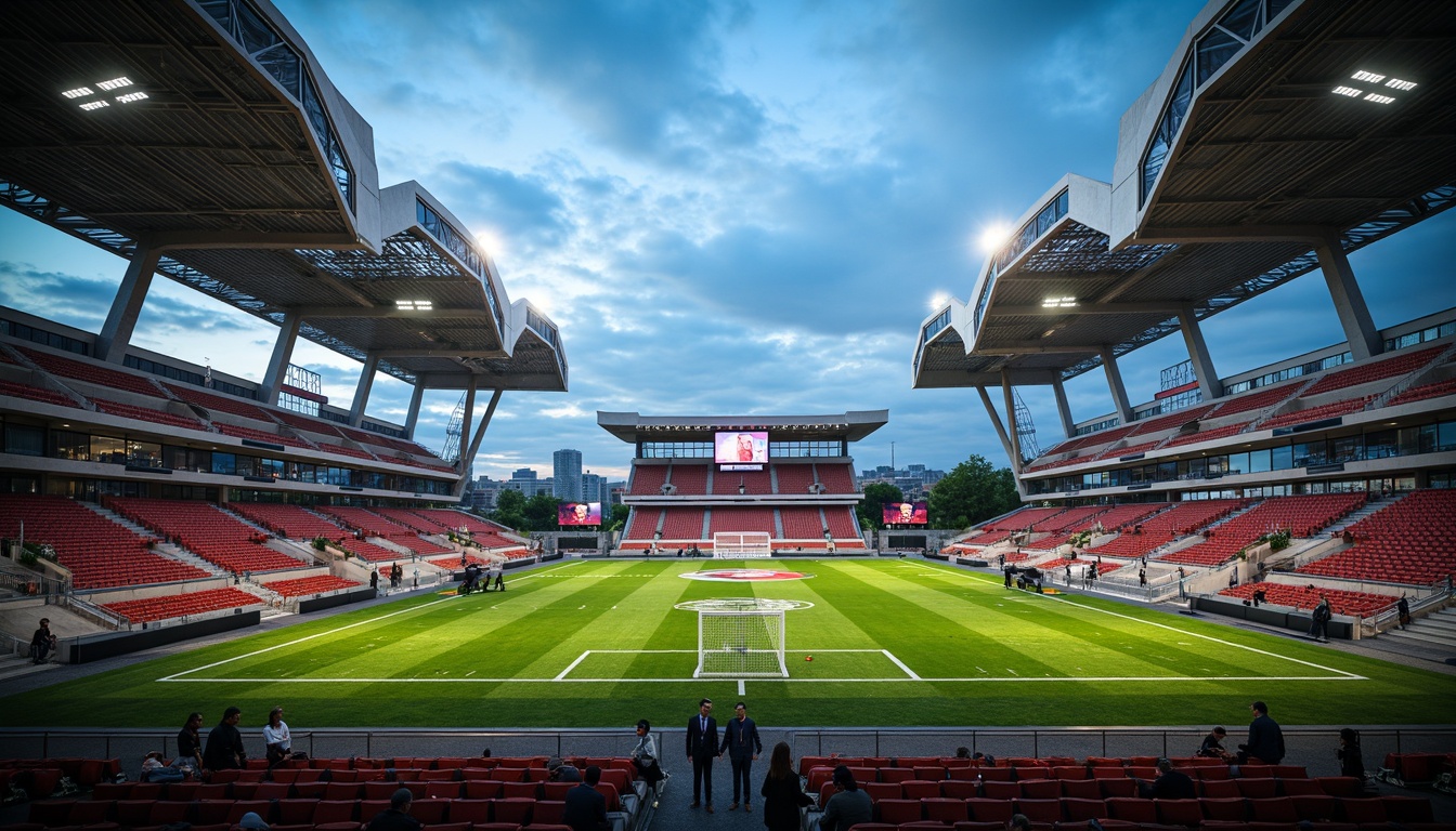 Prompt: Vibrant football stadium, structuralist architecture, angular lines, cantilevered roofs, exposed concrete columns, sleek metal beams, dynamic curvatures, grandstand seating, lush green athletic fields, goalposts, scoreboards, LED lighting systems, evening ambient lighting, shallow depth of field, 1/2 composition, symmetrical view, realistic textures, ambient occlusion, atmospheric misting effects.