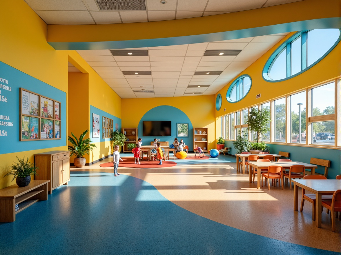 Prompt: Vibrant elementary school, bright color scheme, stimulating yellow walls, calming blue accents, natural light pouring, educational murals, inspirational quotes, interactive display boards, collaborative learning spaces, ergonomic furniture, rounded corners, soft carpet flooring, acoustic ceiling tiles, circular windows, playful outdoor playgrounds, colorful shade structures, dynamic architectural shapes, afternoon warm lighting, high contrast photography, 1/2 composition, detailed textures, ambient shadowing.