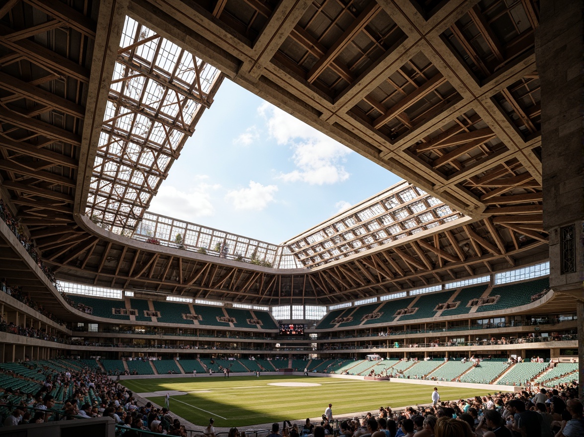 Prompt: Grand Gothic sports stadium, intricate stone carvings, ribbed vaulted ceiling, pointed arches, flying buttresses, ornate tracery, stained glass windows, modern athletic facilities, innovative roof structure, cantilevered canopies, angular steel beams, transparent glass roofs, natural ventilation systems, clerestory lighting, dramatic shadows, high-contrast textures, realistic weathering effects, cinematic camera angles, 1/2 composition, warm golden hour lighting.