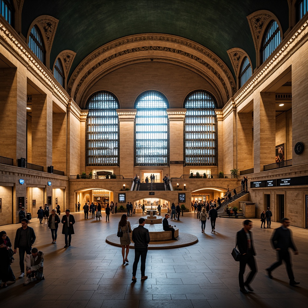 Prompt: Grand metro station, Romanesque archways, ornate stone carvings, vaulted ceilings, intricate mosaics, rustic brick walls, grand staircases, elegant chandeliers, modern train platforms, sleek metal rails, futuristic lighting systems, busy urban atmosphere, rush hour crowds, morning sunlight, soft warm glow, shallow depth of field, 1/1 composition, symmetrical framing, realistic textures, ambient occlusion.