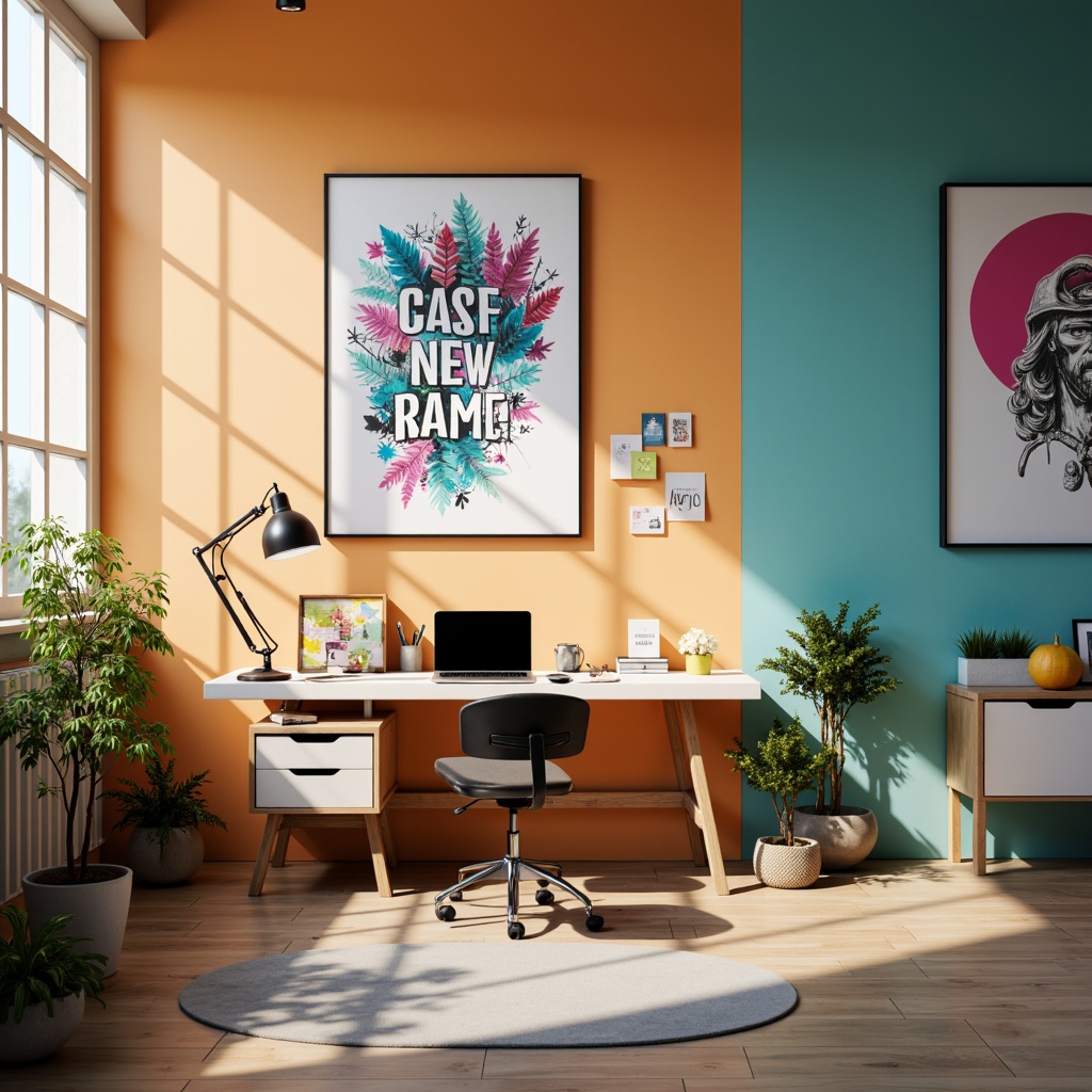 Prompt: Vibrant design studio, trendy workspace, modern minimalist desk, ergonomic chair, sleek laptop, colorful sticky notes, abstract artwork, bold typography, bright accent walls, pastel-inspired color palette, soft warm lighting, shallow depth of field, 3/4 composition, panoramic view, realistic textures, ambient occlusion.