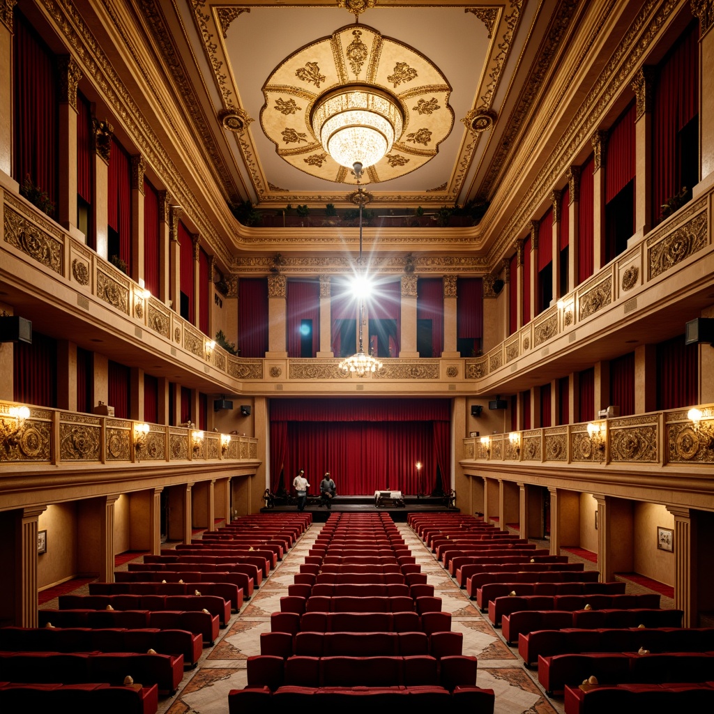 Prompt: Luxurious auditorium interior, opulent chandeliers, intricate moldings, grandiose staircases, ornate balconies, velvet drapes, gilded accents, polished marble floors, majestic proscenium arches, plush red seats, subtle ambient lighting, dramatic spotlights, shallow depth of field, 2/3 composition, warm color palette, realistic textures, ambient occlusion.