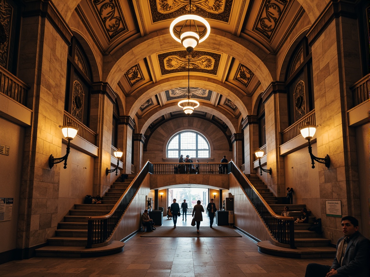 Prompt: Grandiose metro station, archways with ornate carvings, rustic stone walls, vaulted ceilings, intricate mosaics, Romanesque columns, grand staircases, elegant chandeliers, warm ambient lighting, shallow depth of field, 1/2 composition, symmetrical framing, realistic textures, ambient occlusion, bustling city atmosphere, morning rush hour, soft warm colors, natural stone flooring, modern transportation systems, sleek metal railings.