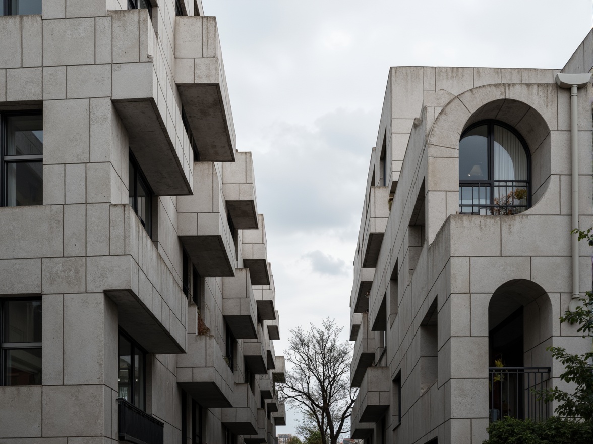 Prompt: Angular concrete buildings, brutalist structures, minimalist facades, geometric patterns, triangular roofs, hexagonal columns, circular arches, rectangular windows, metallic frames, industrial materials, urban landscape, cloudy sky, dramatic shadows, high contrast lighting, 3/4 composition, symmetrical arrangement, abstract textures, ambient occlusion.