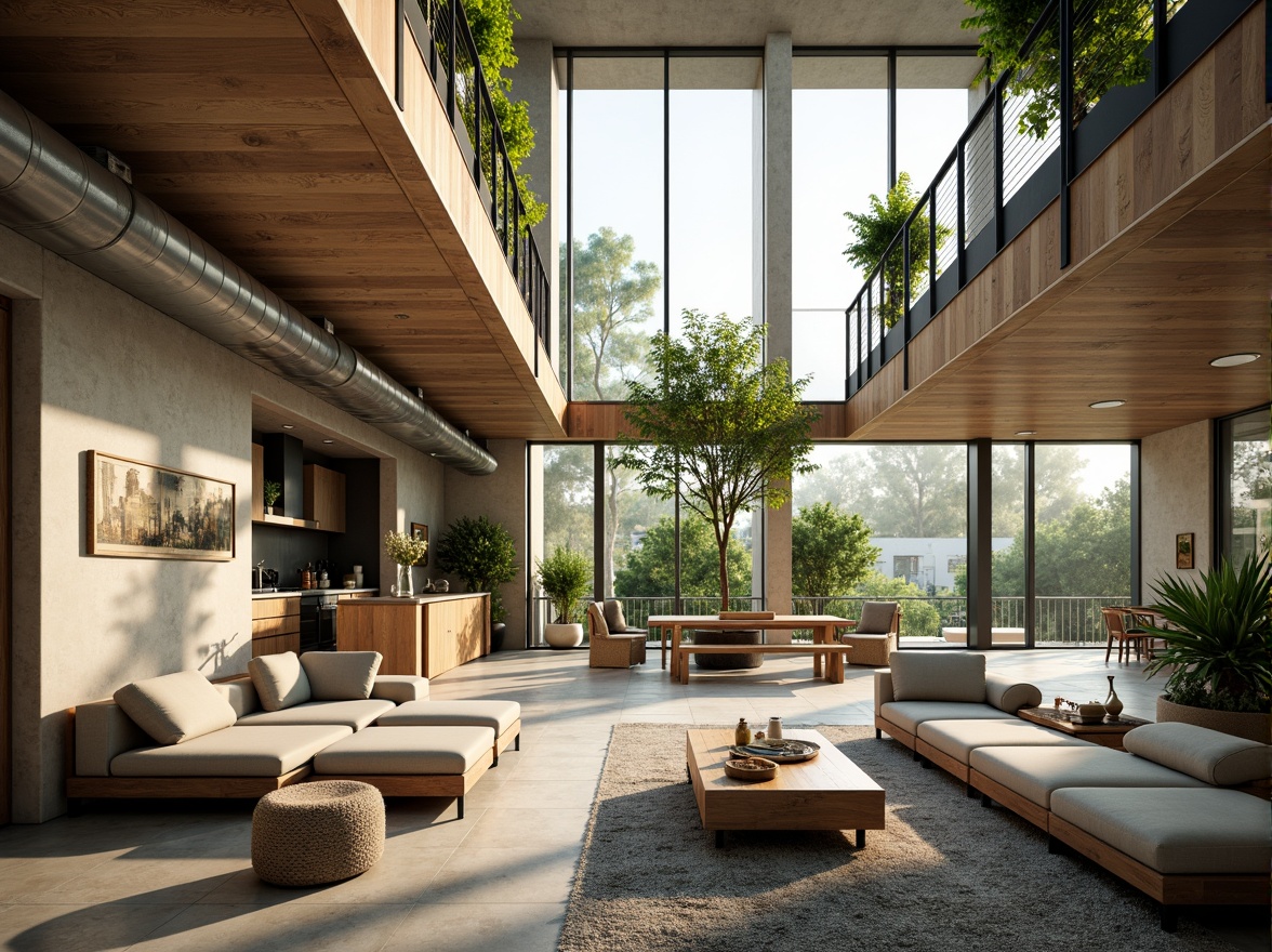 Prompt: Spacious living areas, floor-to-ceiling windows, minimal partitions, open-plan kitchens, flowing interior spaces, natural ventilation systems, abundant sunlight, airy balconies, lush greenery, vertical gardens, modern minimalist furniture, sleek lines, organic shapes, earthy color palette, rustic wooden accents, industrial-chic exposed ductwork, urban loft-inspired design, flexible functional zones, adaptive modular layouts, seamless transitions, harmonious connectivity, 1/1 composition, soft warm lighting, shallow depth of field, realistic textures.