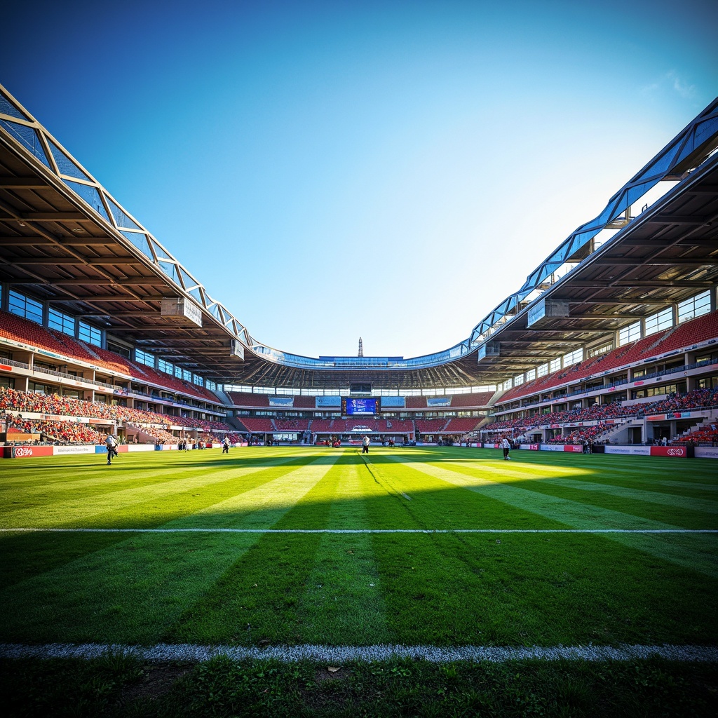 Prompt: Vibrant sports stadium, energetic atmosphere, bold primary colors, dynamic LED lights, sleek modern architecture, angular lines, polished steel surfaces, translucent canopies, lush green grass, athletic track lanes, scoring boards, crowd seating areas, concession stands, bright sunny day, dramatic shadows, high-contrast lighting, 1/1 composition, cinematic camera angles, realistic textures, ambient occlusion.