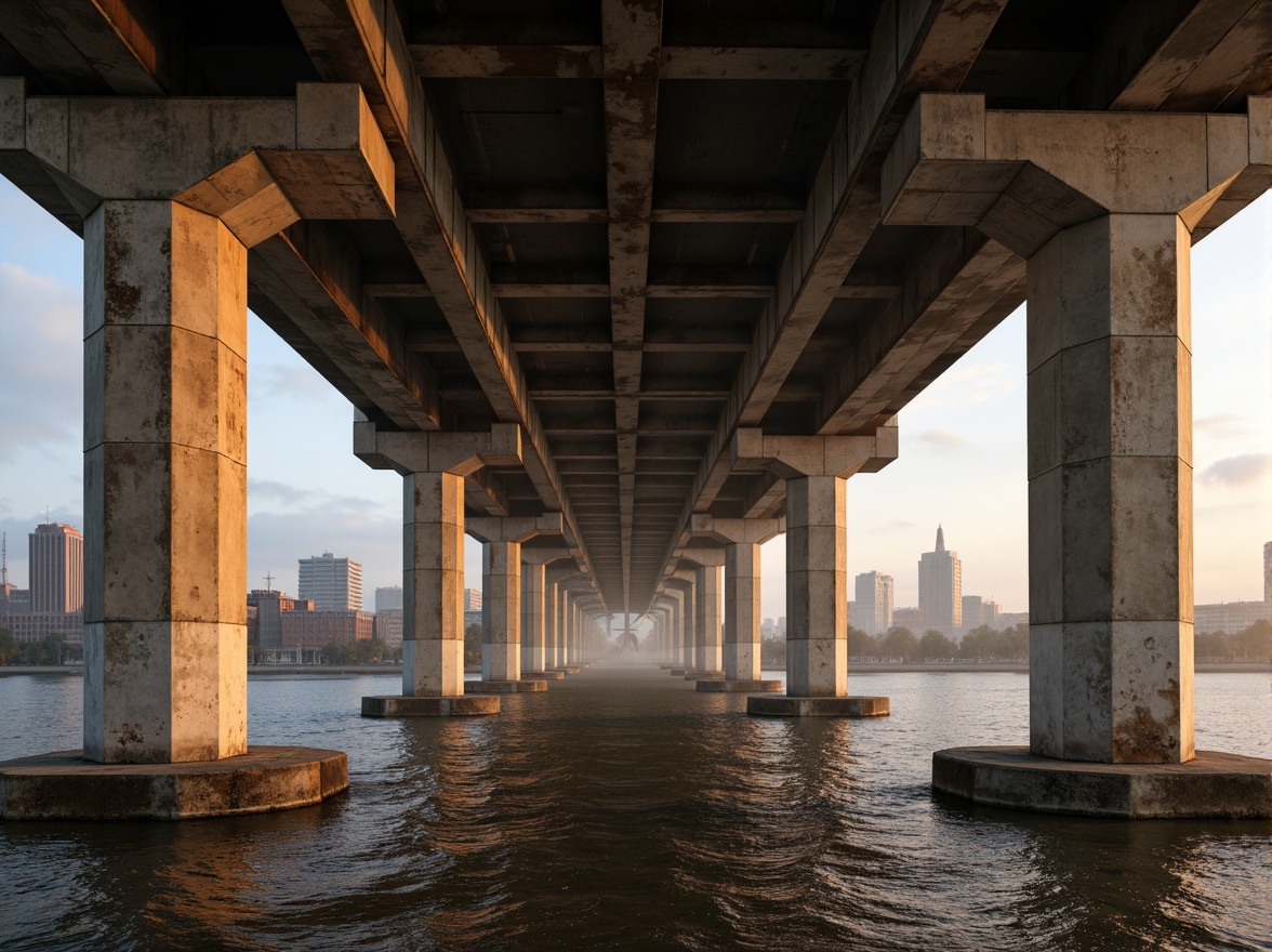 Prompt: Rugged bridge structure, exposed concrete piers, raw steel beams, industrial textures, brutalist architectural style, urban cityscape, misty morning atmosphere, warm golden lighting, shallow depth of field, 2/3 composition, symmetrical framing, realistic rusted metal surfaces, ambient occlusion.