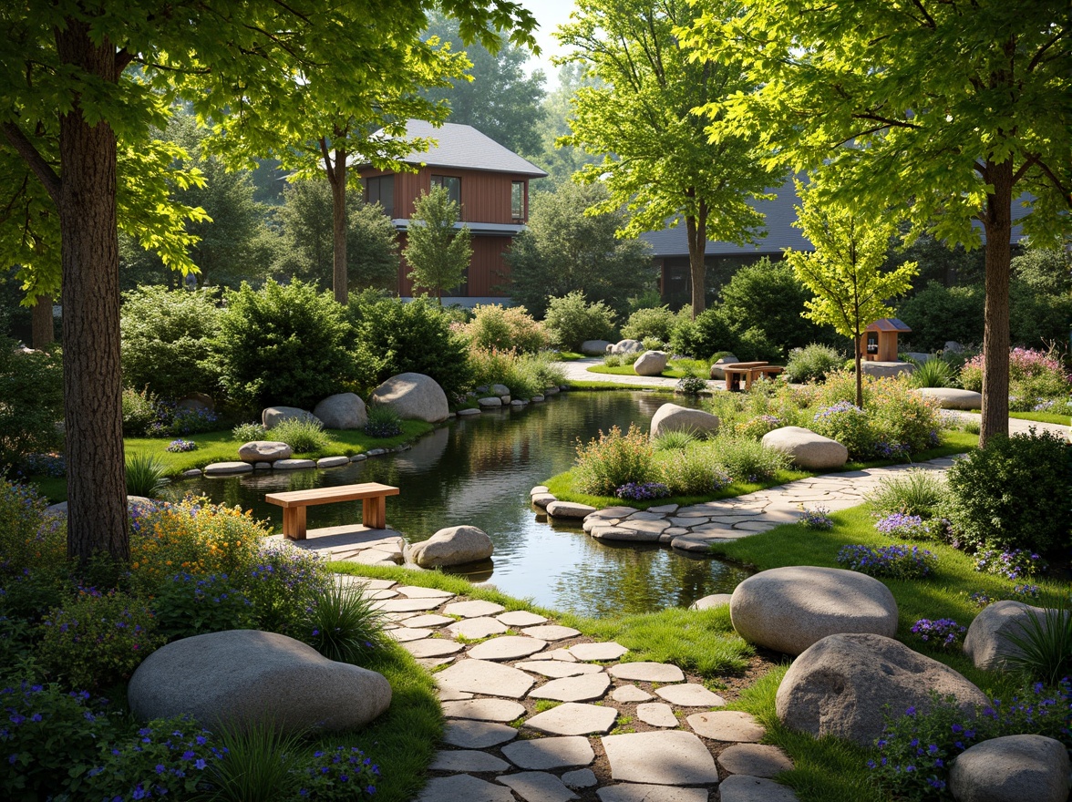 Prompt: Soothing natural scenery, lush greenery, vibrant flowers, tranquil water features, meandering stone pathways, wooden benches, birdhouses, ornamental trees, colorful shrubs, rustic garden ornaments, serene atmosphere, warm sunlight, soft gentle lighting, shallow depth of field, 3/4 composition, panoramic view, realistic textures, ambient occlusion.