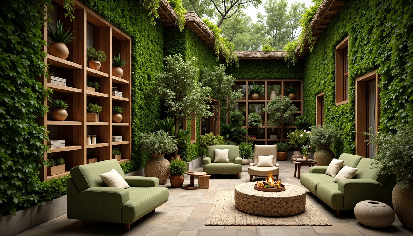 Prompt: Mossy verdant walls, lush greenery, natural stone flooring, wooden accents, earthy terracotta pots, vibrant flowers, soft warm lighting, shallow depth of field, 3/4 composition, panoramic view, realistic textures, ambient occlusion, serene atmosphere, cozy reading nooks, plush moss-green sofas, reclaimed wood shelves, woven baskets, organic shapes, effortless elegance, nature-inspired patterns, earthy color palette.