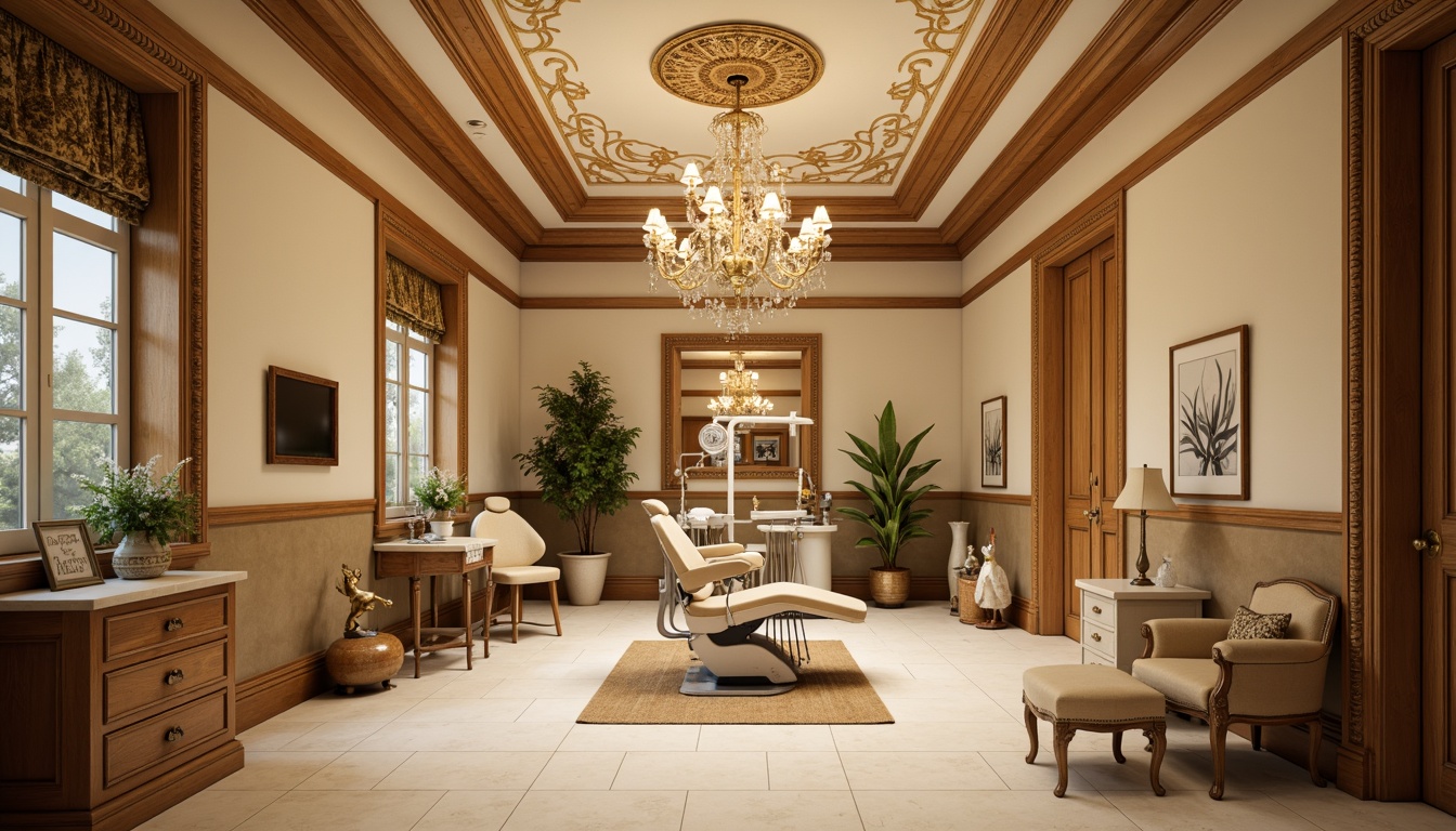 Prompt: Warm beige walls, rich wood accents, elegant gold fixtures, ornate plaster ceilings, soft cream flooring, vintage dental equipment, antique furniture pieces, luxurious velvet drapes, grand chandeliers, classical sculptures, intricate moldings, subtle earth tones, warm golden lighting, shallow depth of field, 2/3 composition, realistic textures, ambient occlusion.