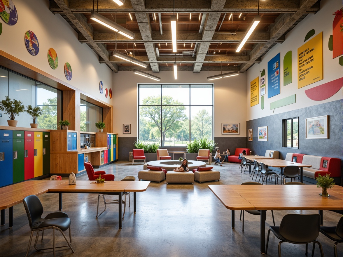 Prompt: Vibrant middle school interior, open floor plan, collaborative learning spaces, flexible seating arrangements, colorful lockers, educational posters, interactive whiteboards, modern lighting fixtures, acoustic ceiling tiles, polished concrete floors, wooden tables, ergonomic chairs, circular gathering areas, cozy reading nooks, natural stone feature walls, abundant daylight, soft warm lighting, shallow depth of field, 3/4 composition, realistic textures, ambient occlusion.