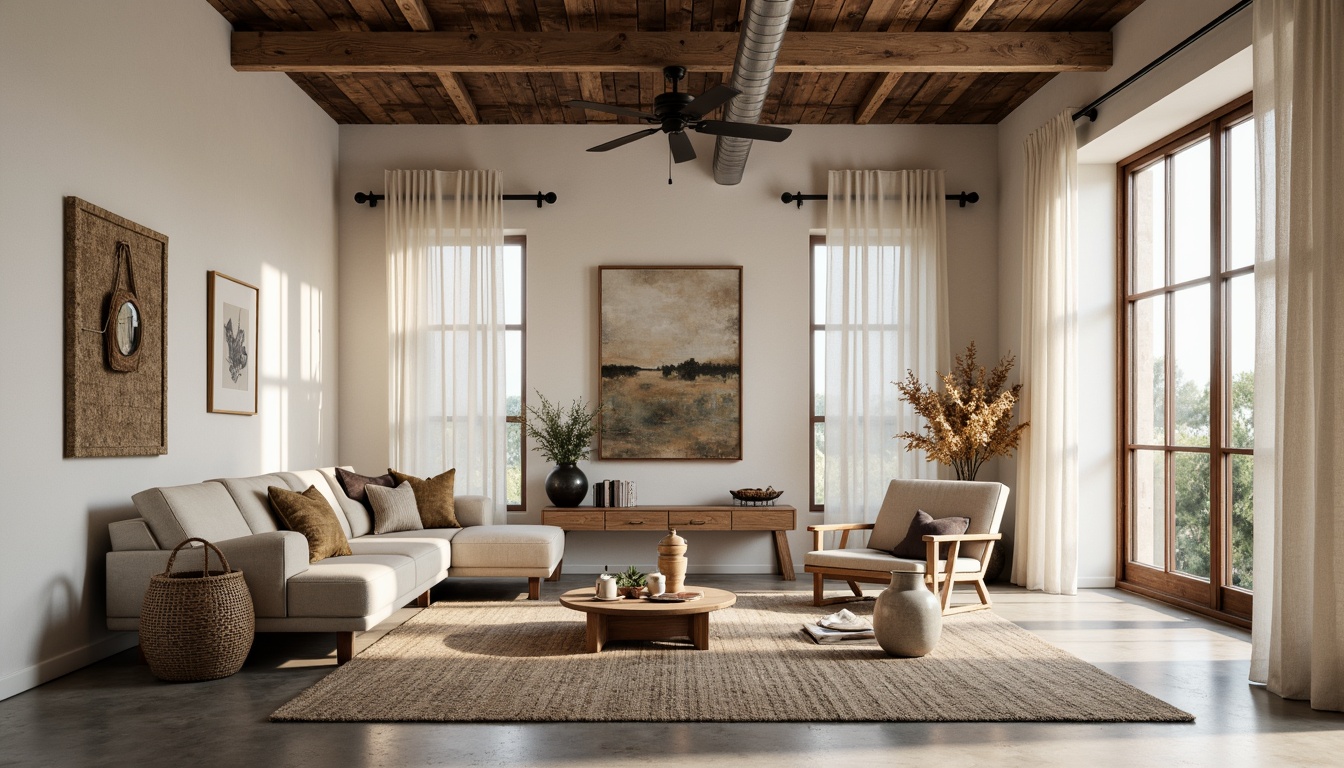 Prompt: Natural fabrics, woven baskets, linen drapes, reclaimed wood accents, earthy tones, organic textures, minimalist decor, sparse furnishings, open floor plans, industrial chic, concrete floors, metal beams, exposed ductwork, neutral color palette, ambient lighting, soft shadows, 1/1 composition, realistic render, subtle reflections.