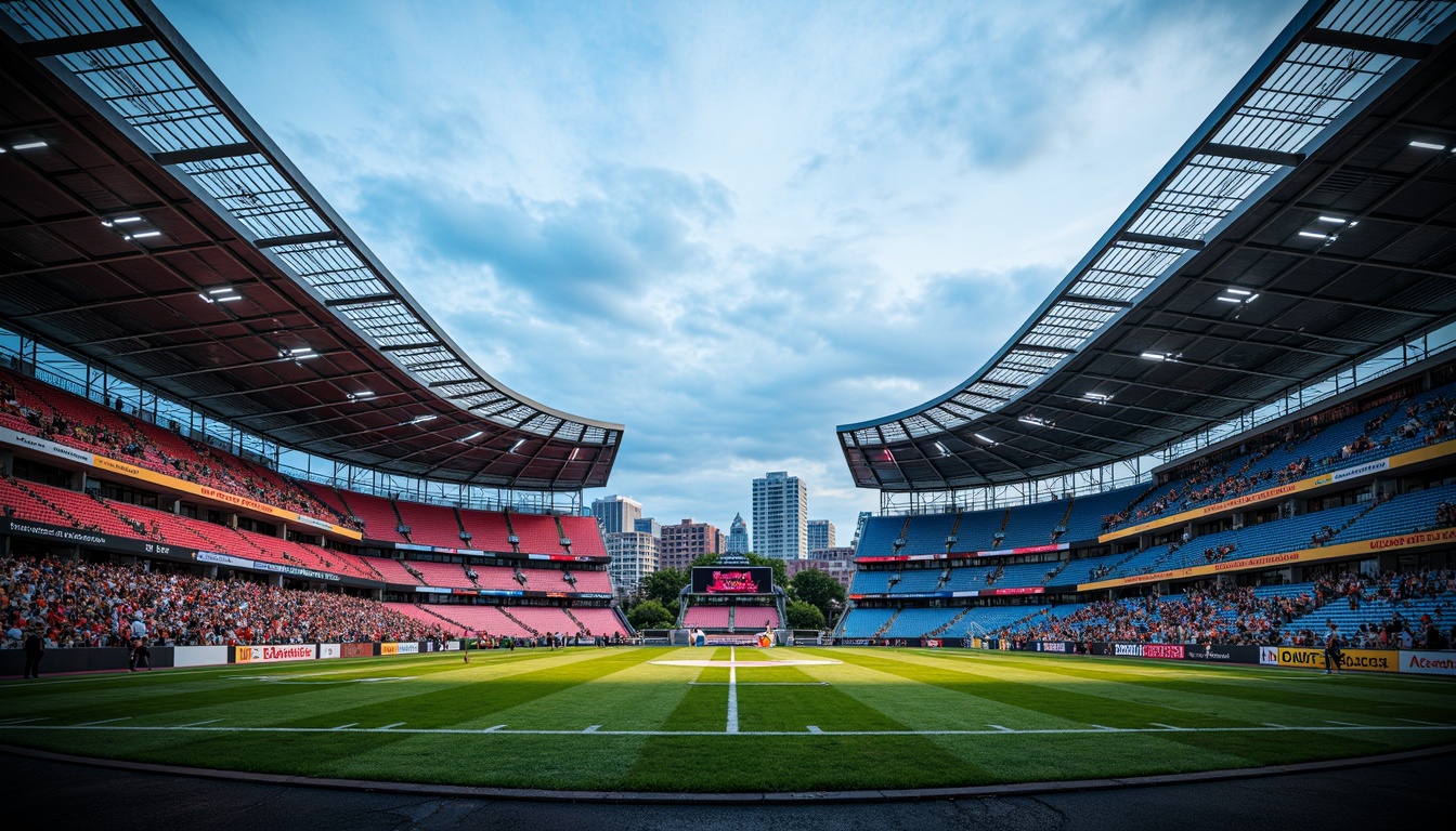 Prompt: Vibrant football stadium, dynamic curved lines, sleek modern architecture, gleaming metal cladding, bold color schemes, angular roof structures, cantilevered upper tiers, panoramic views, atmospheric lighting, dramatic shading, high-contrast textures, 3/4 composition, low-angle shots, cinematic depth of field, sports-themed signage, energetic crowd scenes, lush green grass, athletic track surroundings, urban cityscape backdrop, cloudy blue skies.