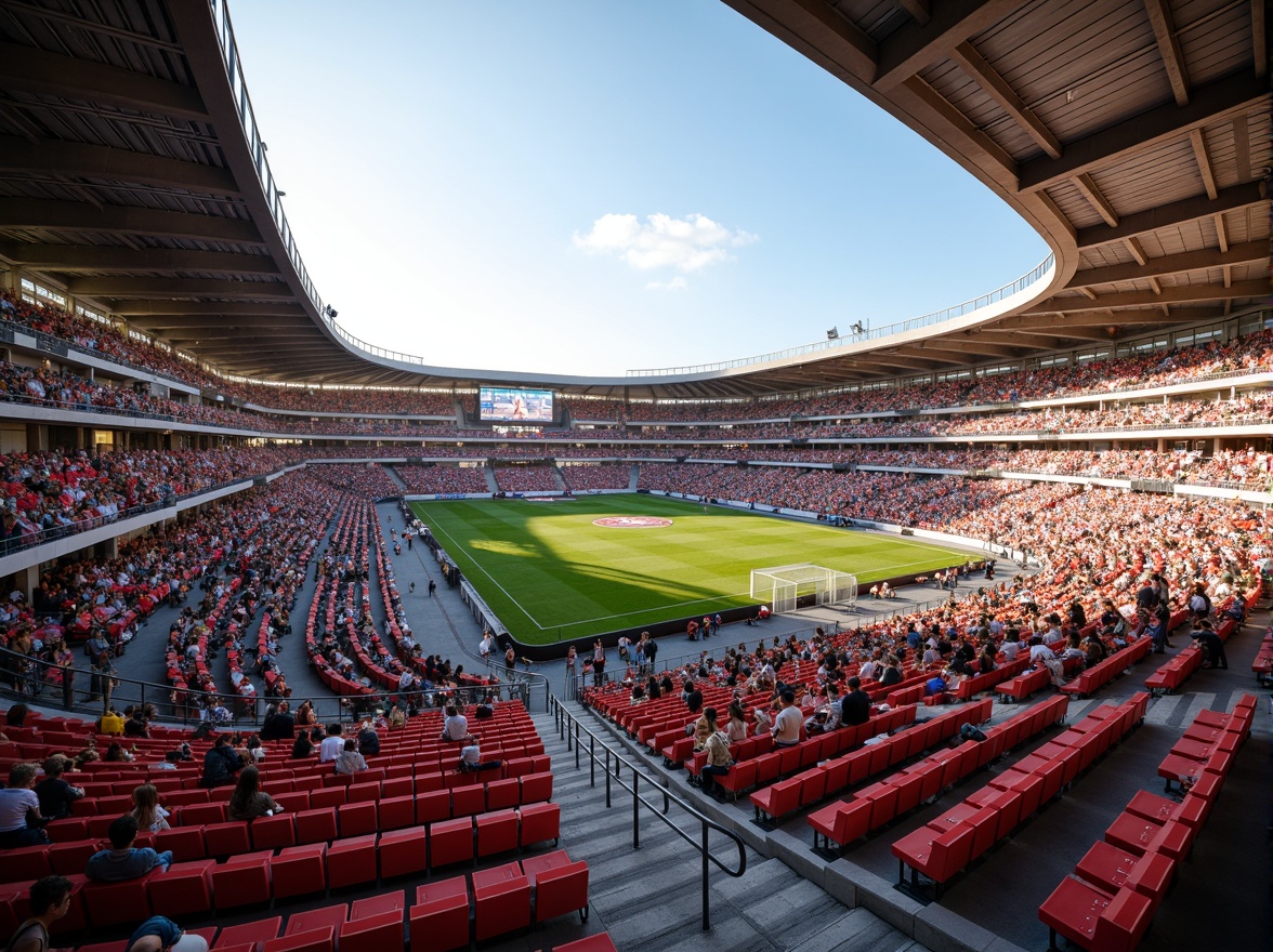 Prompt: Stadium seating, vibrant crowd, dynamic architecture, curved rows, tiered platforms, ergonomic chairs, metallic frames, cushioned seats, retractable roofs, natural ventilation, ambient lighting, shallow depth of field, 2/3 composition, panoramic view, realistic textures, warm color scheme, sunny day, soft shadows.