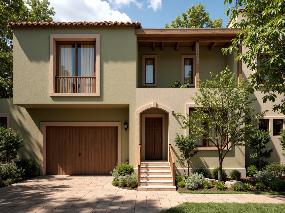 Prompt: Earth-toned building facade, olive green walls, terracotta roofs, natural stone textures, wooden accents, earthy brown doors, warm beige windows, lush greenery, Mediterranean-inspired architecture, rustic charm, soft warm lighting, shallow depth of field, 3/4 composition, panoramic view, realistic textures, ambient occlusion.