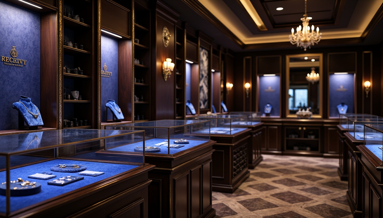 Prompt: Luxurious jewelry store, sapphire blue gemstones, gold accents, velvet showcases, soft warm lighting, subtle reflections, ornate details, elegant typography, sophisticated atmosphere, dark wood cabinets, rich textiles, regal ambiance, mysterious shadows, shallow depth of field, 1/1 composition, realistic rendering.