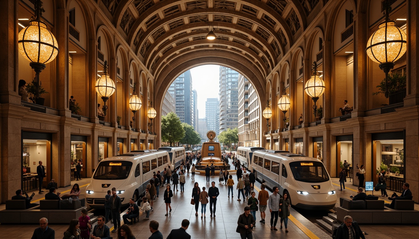 Prompt: Grandiose metro station, Romanesque archways, ornate columns, intricate stone carvings, vaulted ceilings, grand staircases, majestic chandeliers, warm golden lighting, cozy waiting areas, sleek modern trains, futuristic ticketing systems, bustling crowds, urban cityscape, morning rush hour, soft natural light, shallow depth of field, 1/2 composition, symmetrical framing, high-contrast textures, ambient occlusion.