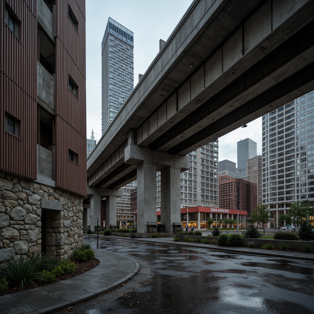 Prompt: Rugged brutalist bridge, exposed concrete texture, rough-hewn stone walls, industrial metal beams, rusted steel accents, weathered wood planks, urban cityscape, overcast sky, dramatic shadows, low-key lighting, cinematic atmosphere, shallow depth of field, 2/3 composition, realistic render, ambient occlusion.