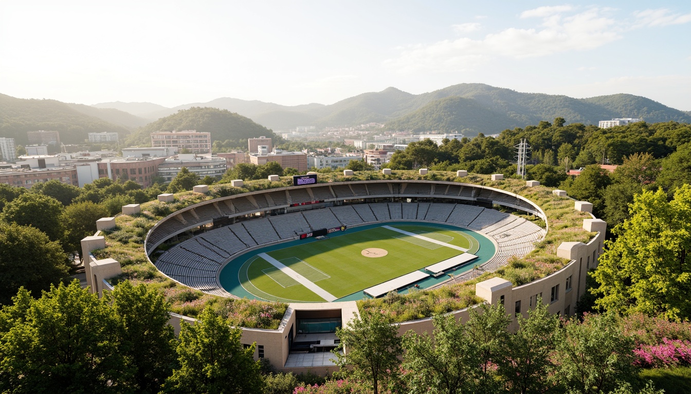 Prompt: Panoramic stadium, lush green roofs, natural stone fa\u00e7ade, curved lines, modern architecture, open-air seating, vibrant flowers, sports facilities, athletic tracks, scoreboard displays, spectator stands, shaded concourses, misting systems, warm sunny day, soft warm lighting, shallow depth of field, 3/4 composition, realistic textures, ambient occlusion, rolling hills, scenic views, integrated landscape design, ecological balance, sustainable materials, energy-efficient systems.