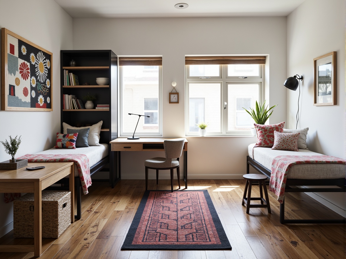 Prompt: Minimalist dorm room, functional furniture, primary color accents, geometric patterned textiles, woven wool fabrics, industrial metal frames, simple wooden desks, adjustable task lamps, functional shelving units, modernist wall art, monochromatic color scheme, natural light pouring in, 1/1 composition, softbox lighting, ambient shadows, realistic fabric textures.