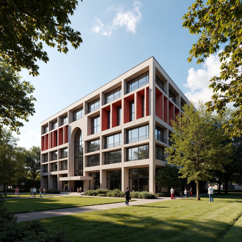 Prompt: Rustic university building, constructivist architecture, brutalist concrete facade, abstract geometric patterns, bold red accents, industrial metal frames, minimalist windows, grand entrance archway, sprawling campus lawn, mature trees, sunny afternoon, dramatic shadows, high contrast lighting, 1/2 composition, symmetrical framing, realistic textures, ambient occlusion.