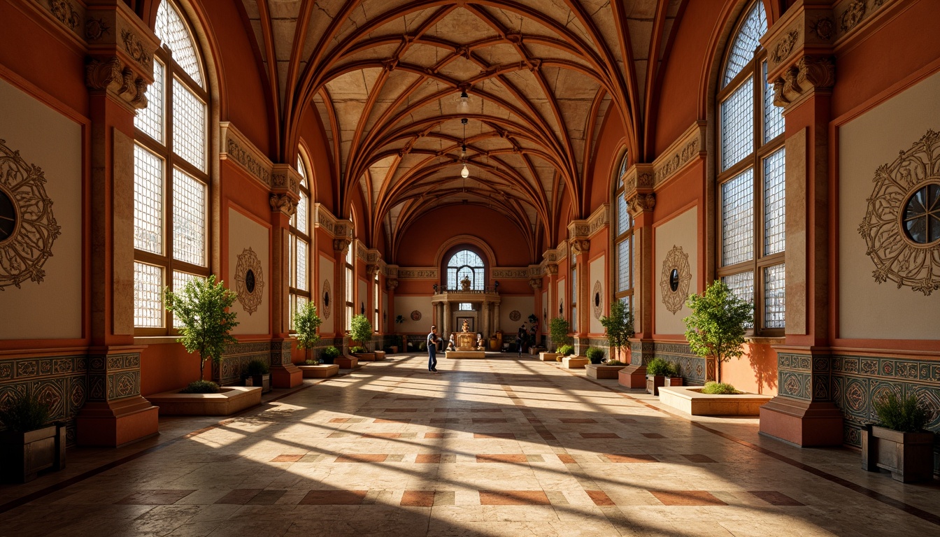 Prompt: Earthy tones, terracotta red, golden yellow, weathered stone, mossy green, rich brown, ornate carvings, grand archways, ribbed vaults, stained glass windows, intricate mosaics, polished marble floors, ornamental capitals, rusticated walls, dramatic lighting, high ceilings, symmetrical composition, warm color harmony, subtle texture contrast, 1/1 aspect ratio, soft natural light, ambient atmosphere.Please let me know if this meets your requirements!