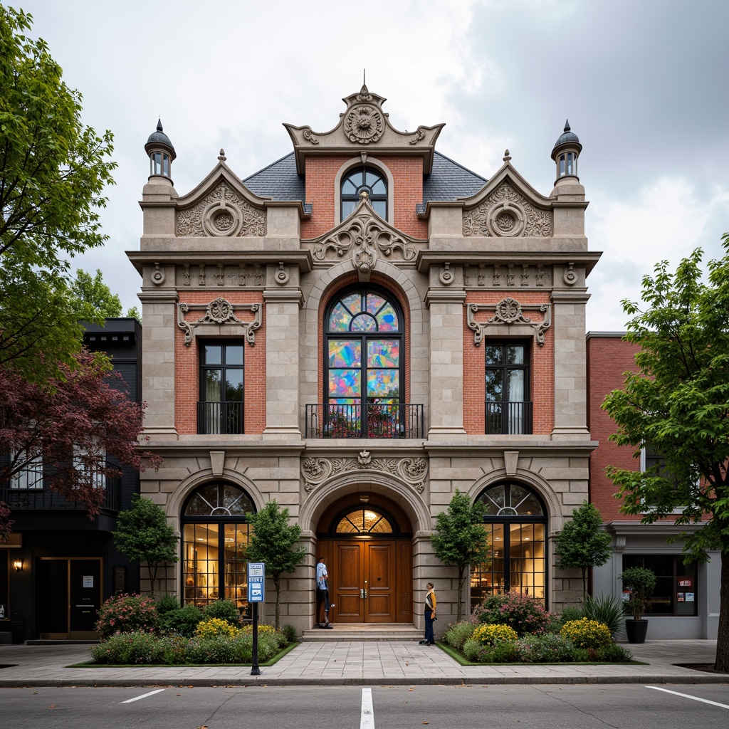 Prompt: Ornate clinic facade, eclectic mix of materials, brick walls, stone carvings, ornamental metalwork, grand entrance archways, intricate wooden doors, stained glass windows, vibrant colorful mosaics, asymmetrical composition, dynamic shapes, bold architectural features, lush greenery, blooming flowers, natural stone sidewalks, modern streetlights, cloudy day, soft diffused lighting, shallow depth of field, 2/3 composition, realistic textures, ambient occlusion.