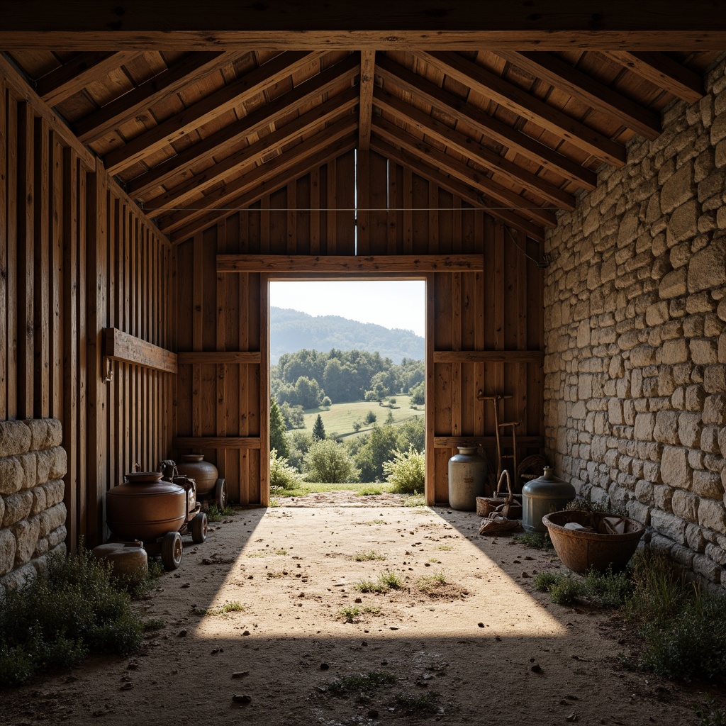 Prompt: Rustic barn, weathered wood, earthy tones, muted colors, natural textures, wooden beams, stone walls, vintage farm equipment, rolling hills, countryside scenery, soft warm lighting, gentle shadows, 2/3 composition, harmonious color palette, muted contrast, realistic renderings, atmospheric perspective.