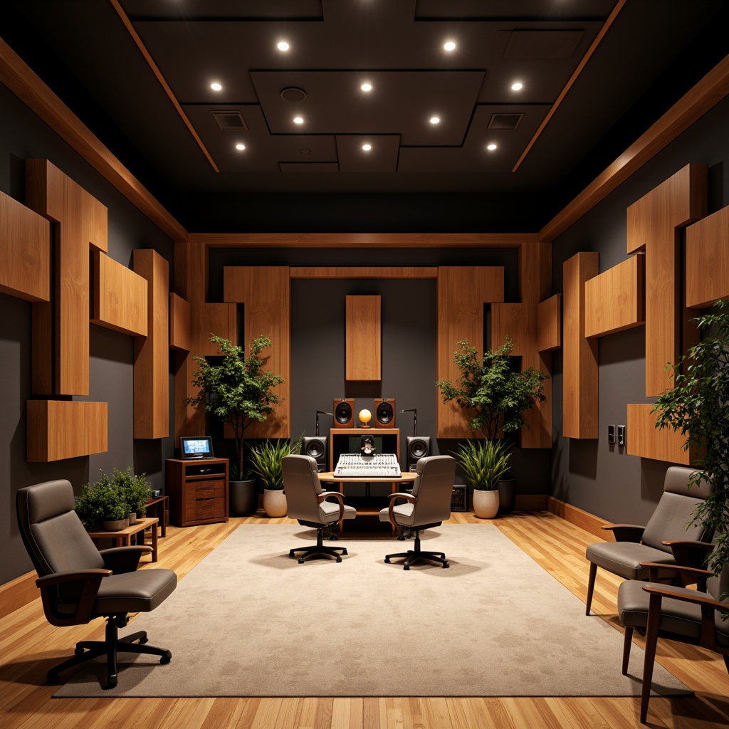 Prompt: Soundproof recording studio, dimly lit ambiance, wooden acoustic panels, sound-absorbing materials, diffusers, bass traps, microphone stands, audio equipment, mixing console, ergonomic chairs, minimal reverberation, warm neutral color scheme, professional lighting, high ceilings, rectangular room shape, asymmetrical layout, optimal speaker placement, precise sound calibration, clear frequency response, detailed sound wave analysis, real-time audio feedback, immersive sound experience, 1/1 composition, softbox lighting, realistic textures.