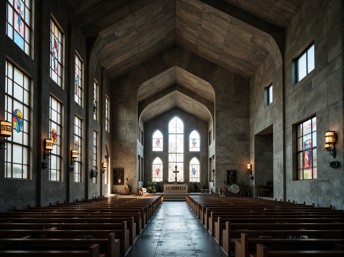 Prompt: Rugged brutalist church, raw concrete walls, exposed ductwork, industrial-style lighting, geometric stained glass windows, minimalist pews, cold atmospheric tone, dramatic natural light, high ceilings, angular columns, fortress-like architecture, weathered stone fa\u00e7ade, rusting metal accents, abstract sculptures, sacred symbols, ornate confessionals, vaulted rooflines, mystical ambiance, soft diffused lighting, 1/1 composition, cinematic mood.