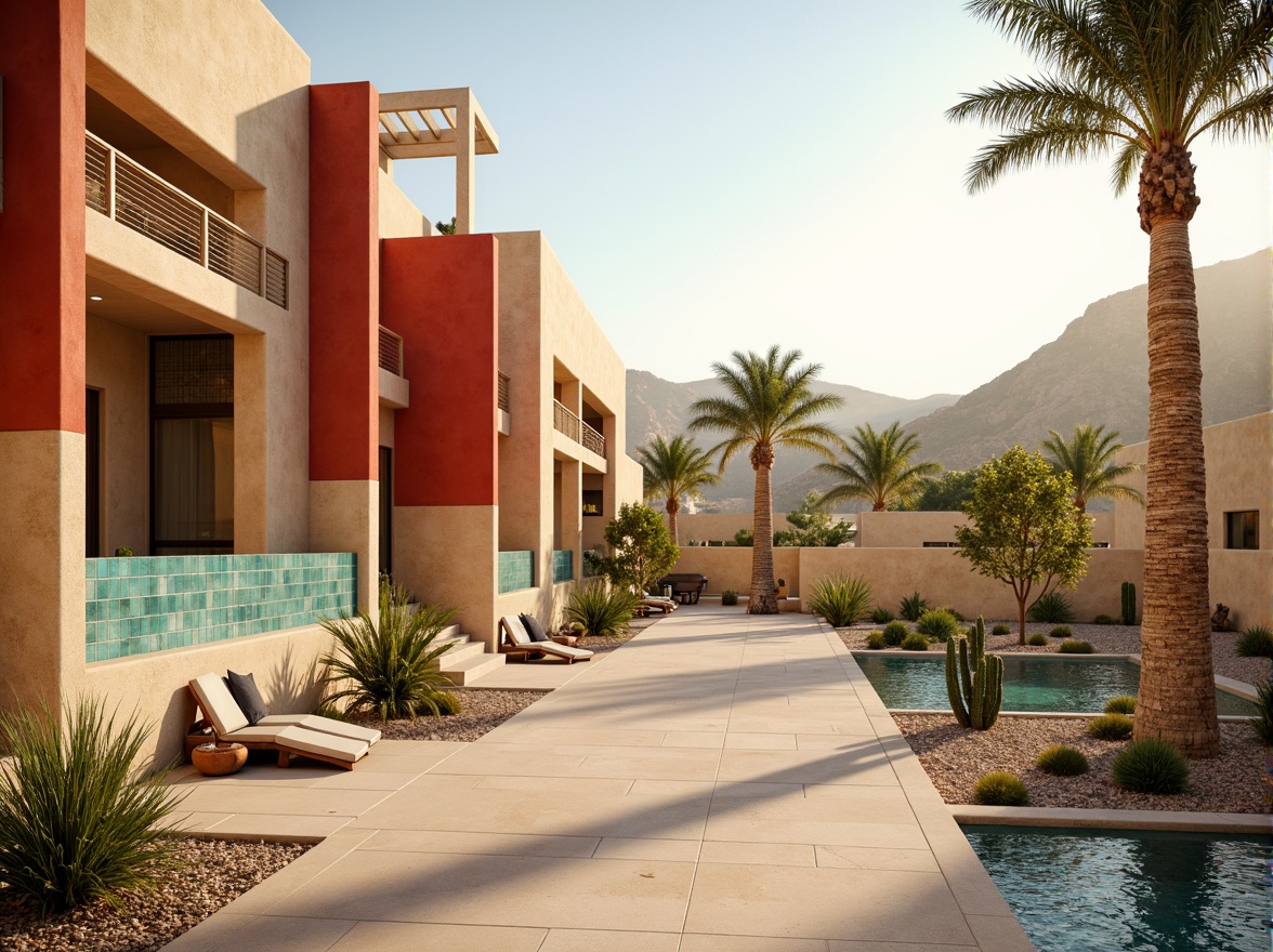 Prompt: Vibrant desert landscape, sandy beige walls, terracotta red accents, turquoise blue glass tiles, sun-kissed earthy tones, metallic silver railings, warm golden lighting, natural stone floors, cactus-inspired columns, minimalist modern architecture, sleek stainless steel details, arid climate vegetation, hot sunny day ambiance, shallow depth of field, 3/4 composition, panoramic view, realistic textures, ambient occlusion.