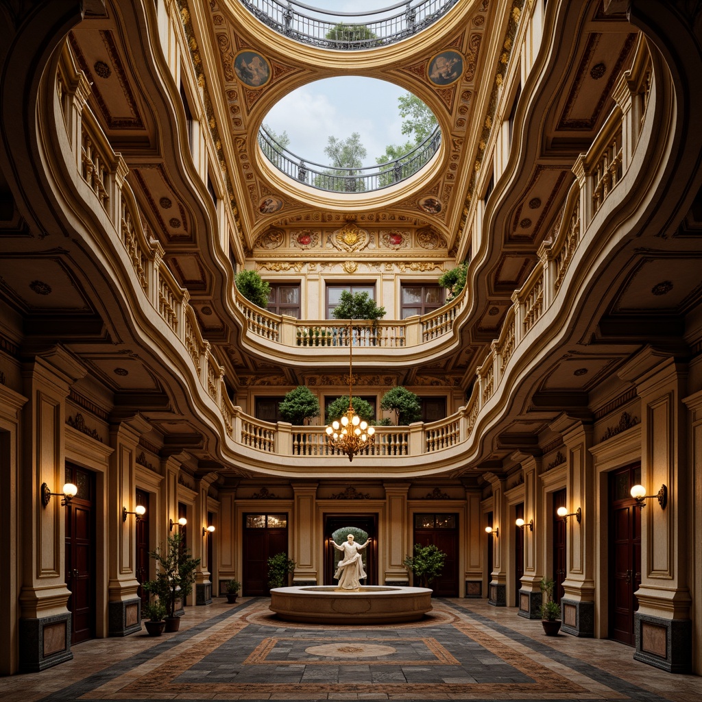 Prompt: Ornate cornices, intricate moldings, gilded details, grandiose fa\u00e7ades, symmetrical compositions, ornamental balconies, curved lines, richly textured stone walls, vibrant fresco ceilings, dramatic lighting effects, soft warm tones, atmospheric misting, 3/4 composition, realistic rendering, high-contrast ratio, cinematic view, detailed ornaments, majestic columns, imposing arches, lavish decorations, opulent materials, regal atmosphere.