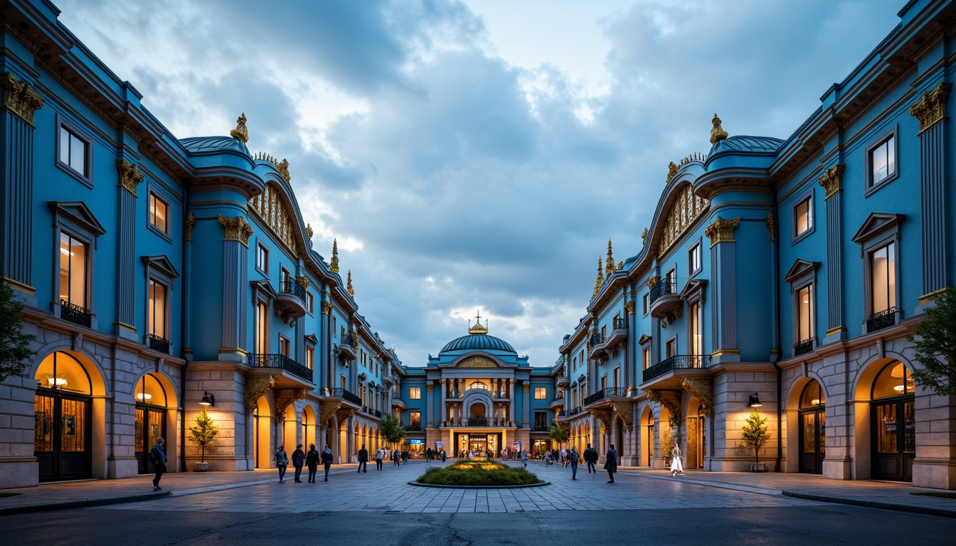 Prompt: Majestic Prussian blue buildings, ornate facades, golden accents, grand entrance gates, symmetrical compositions, classical architecture, columned structures, archways, vaulted ceilings, intricate stonework, warm ambient lighting, soft shadows, subtle texture details, 1/1 composition, realistic render, high-contrast ratio, dramatic sky background, fluffy white clouds, atmospheric perspective.