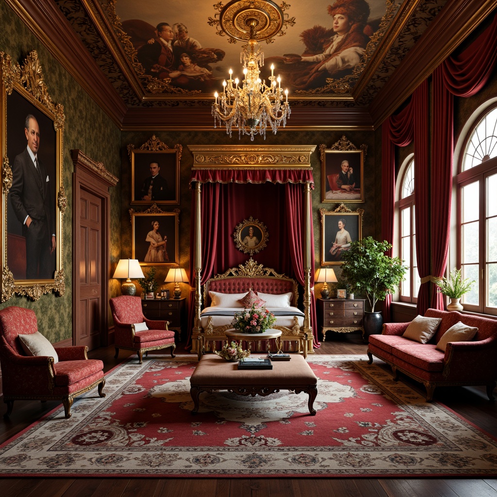 Prompt: Ornate furnishings, lavish upholstery, rich velvet fabrics, golden accents, carved wooden frames, intricately patterned rugs, grandiose chandeliers, ornamental mirrors, luxurious drapery, majestic four-poster beds, regal throne-like chairs, gilded decorations, antique vases, elaborate tapestries, dramatic floor-to-ceiling curtains, opulent marble surfaces, warm candlelight, soft focus, shallow depth of field.