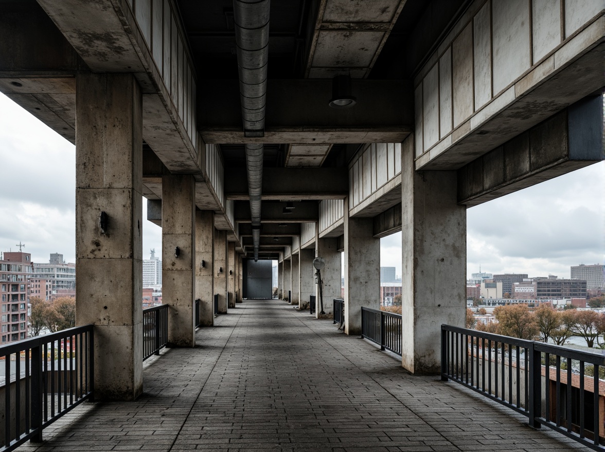 Prompt: Rugged brutalist bridge, industrial concrete structure, weathered steel beams, exposed ductwork, raw unfinished surfaces, muted earthy tones, cold grey stone, worn wooden planks, distressed metal railings, urban cityscape, cloudy overcast sky, dramatic high-contrast lighting, cinematic composition, realistic textures, ambient occlusion.