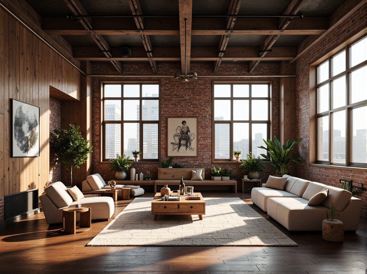 Prompt: Industrial chic loft, open floor plan, exposed brick walls, metal beams, wooden flooring, modern minimalist decor, sleek lines, abundant natural light, floor-to-ceiling windows, urban city views, cozy reading nooks, plush area rugs, eclectic artwork, vintage furniture pieces, reclaimed wood accents, metallic lighting fixtures, airy atmosphere, soft warm glow, shallow depth of field, 3/4 composition, realistic textures, ambient occlusion.