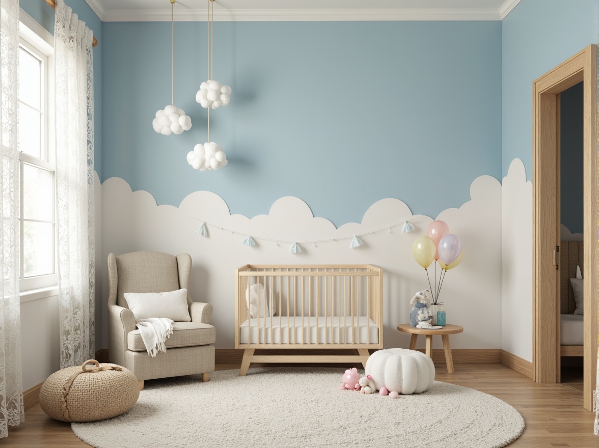 Prompt: Soft baby blue walls, creamy white trim, delicate lace curtains, gentle wood accents, plush area rugs, calming nursery atmosphere, serene natural light, warm beige furniture, rounded architectural lines, whimsical cloud-shaped decorations, pastel-colored balloons, tender mother-and-baby sculptures, soothing watercolor textures, shallow depth of field, 1/1 composition, intimate close-up shots, realistic fabric rendering.