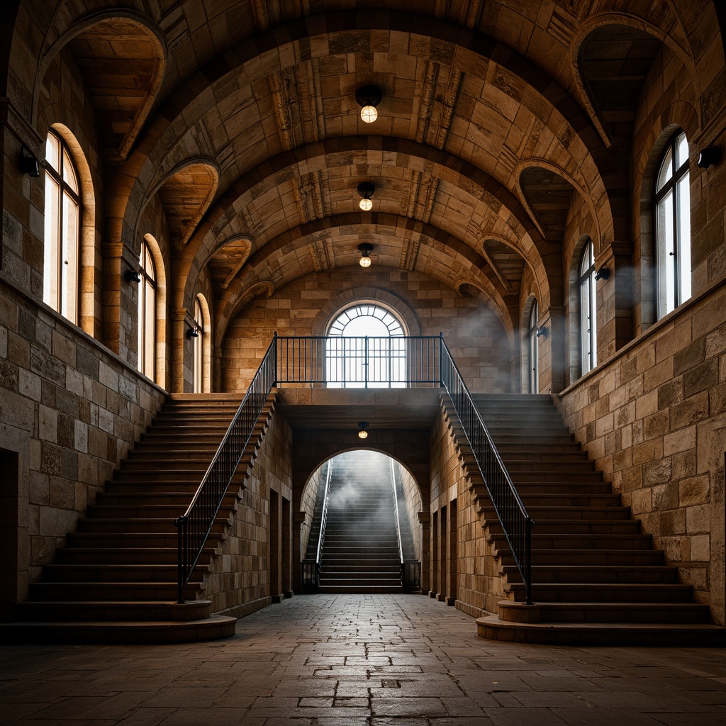 Prompt: Romanesque metro station, rustic stone walls, arched windows, vaulted ceilings, ornate carvings, intricate masonry patterns, warm earthy tones, dimly lit corridors, grand entrance halls, sweeping staircases, decorative ironwork, historic architectural elements, rich textures, subtle lighting effects, atmospheric misting, 1/2 composition, dramatic shadows, realistic stone materials.