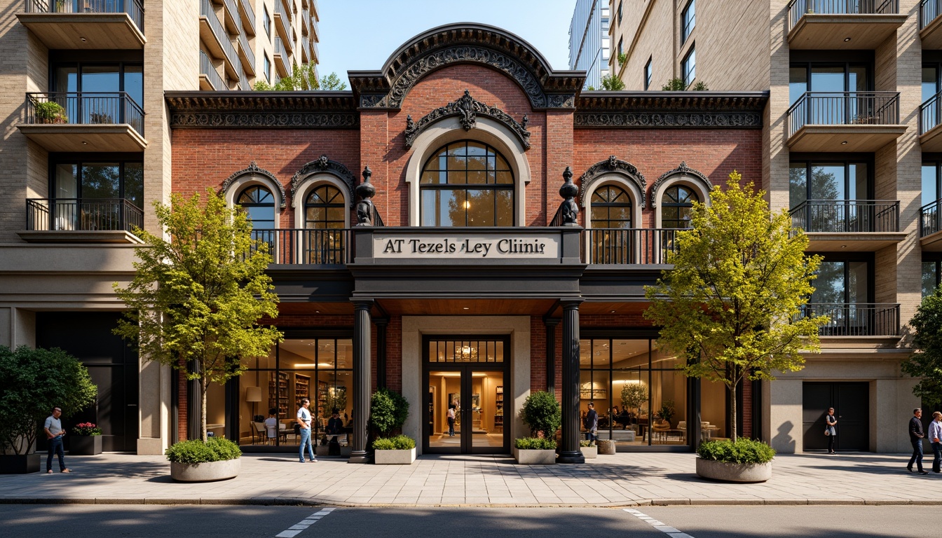 Prompt: Ornate clinic facade, eclectic architectural style, mixed materiality, brick and stone masonry, decorative metalwork, ornamental cornices, grand entranceways, large glass windows, wooden doorways, intricate stonework, curved lines, asymmetrical composition, vibrant color scheme, bold typography, urban cityscape, morning sunlight, soft warm lighting, shallow depth of field, 2/3 composition, realistic textures, ambient occlusion.