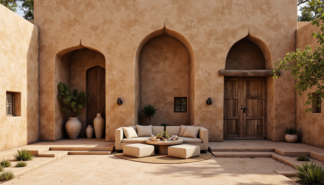 Prompt: Earth-toned mud walls, rough-hewn textures, natural imperfections, organic shapes, rustic charm, earthenware-inspired accents, sandy dunes, desert landscape, warm sunny day, soft diffused lighting, shallow depth of field, 1/2 composition, realistic earthy tones, ambient occlusion, weathered wooden doors, distressed metal fittings, woven fiber details, natural fabrics, earthy color palette.