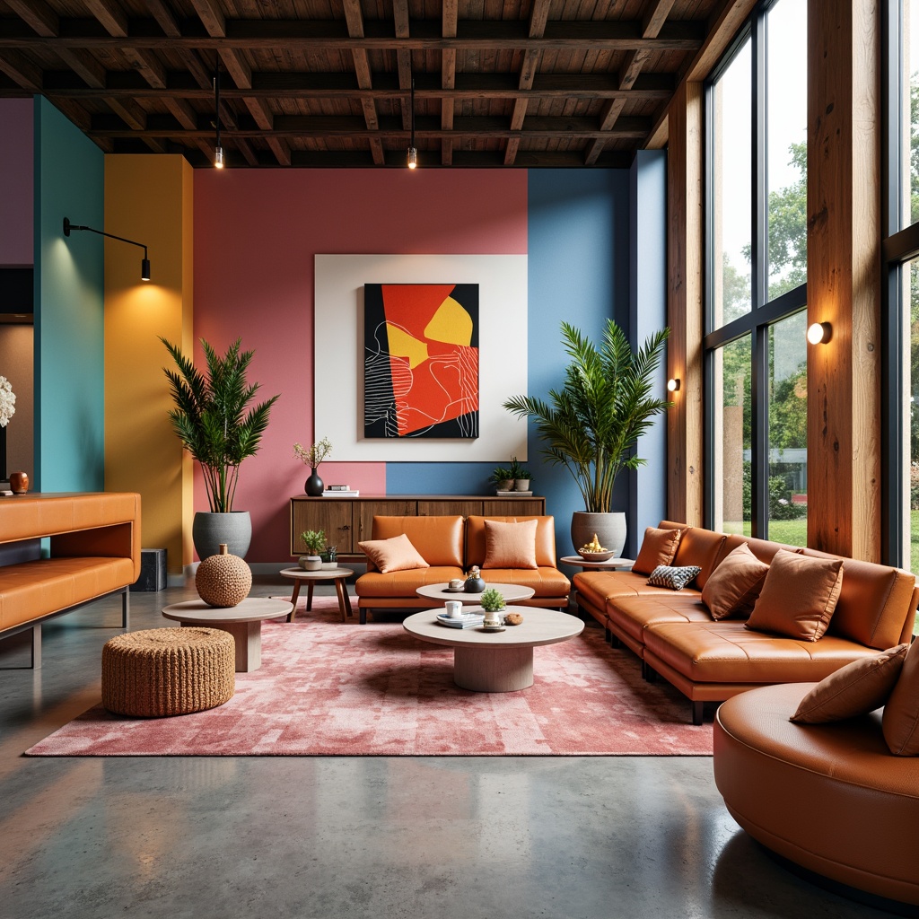 Prompt: Vibrant design studio, modern interior space, bold color accents, contrasting textures, sleek metallic surfaces, rich wood tones, abstract geometric patterns, pastel hues, soft warm lighting, atmospheric ambiance, 3/4 composition, shallow depth of field, realistic renderings, ambient occlusion.